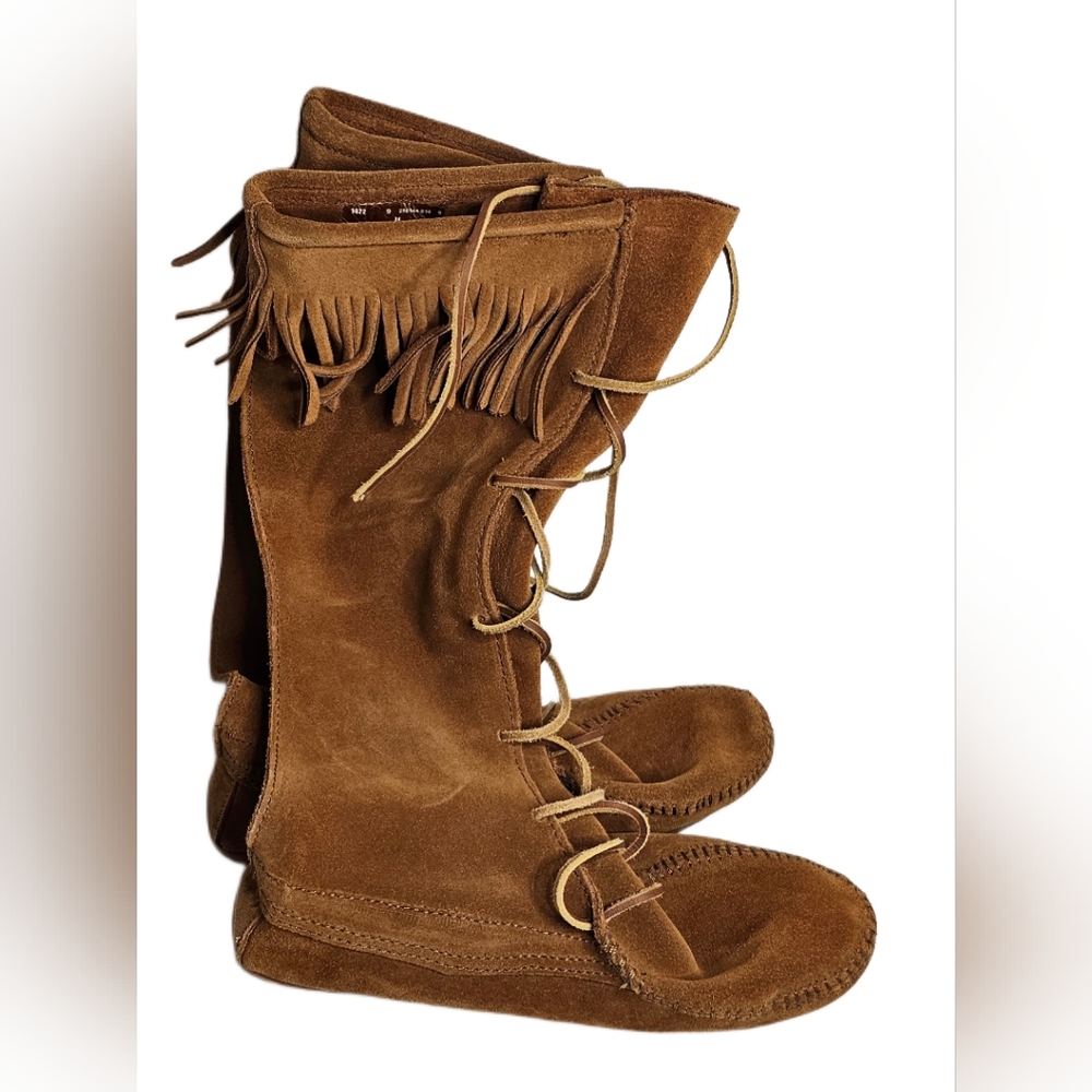 Minnetonka Moccasins Front Lace Knee High Boot Women 9 Leather Suede Fringe Boho